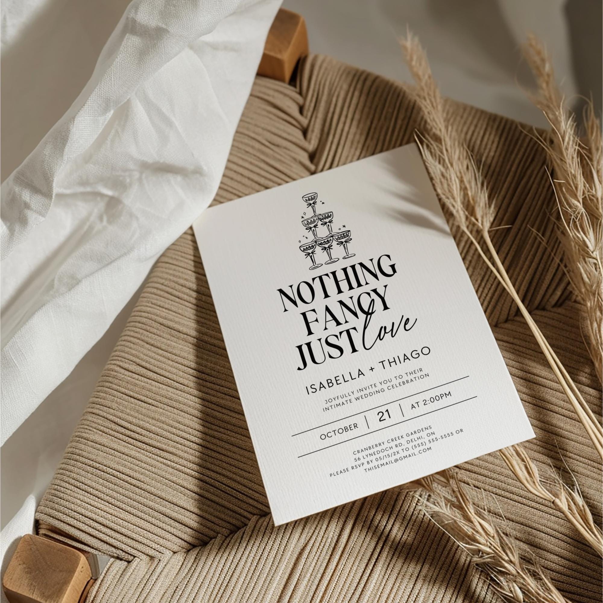 Nothing Fancy Just Love Invitation – Minimalist Elopement Announcement &amp; Modern Canva Template