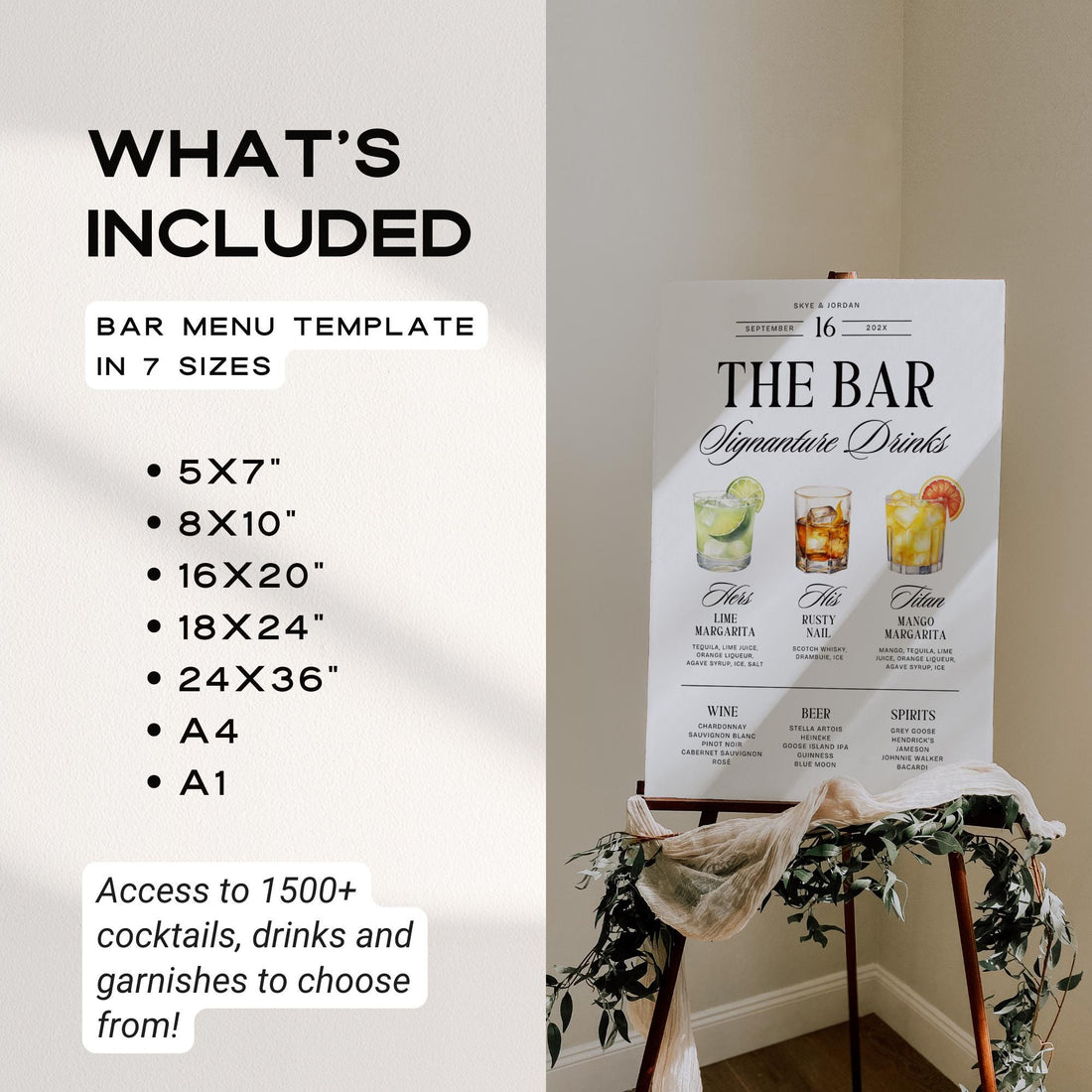Signature Drinks Wedding Bar Menu Template – Editable Dog Drink Sign &amp; Open Bar Menu Canva DIY