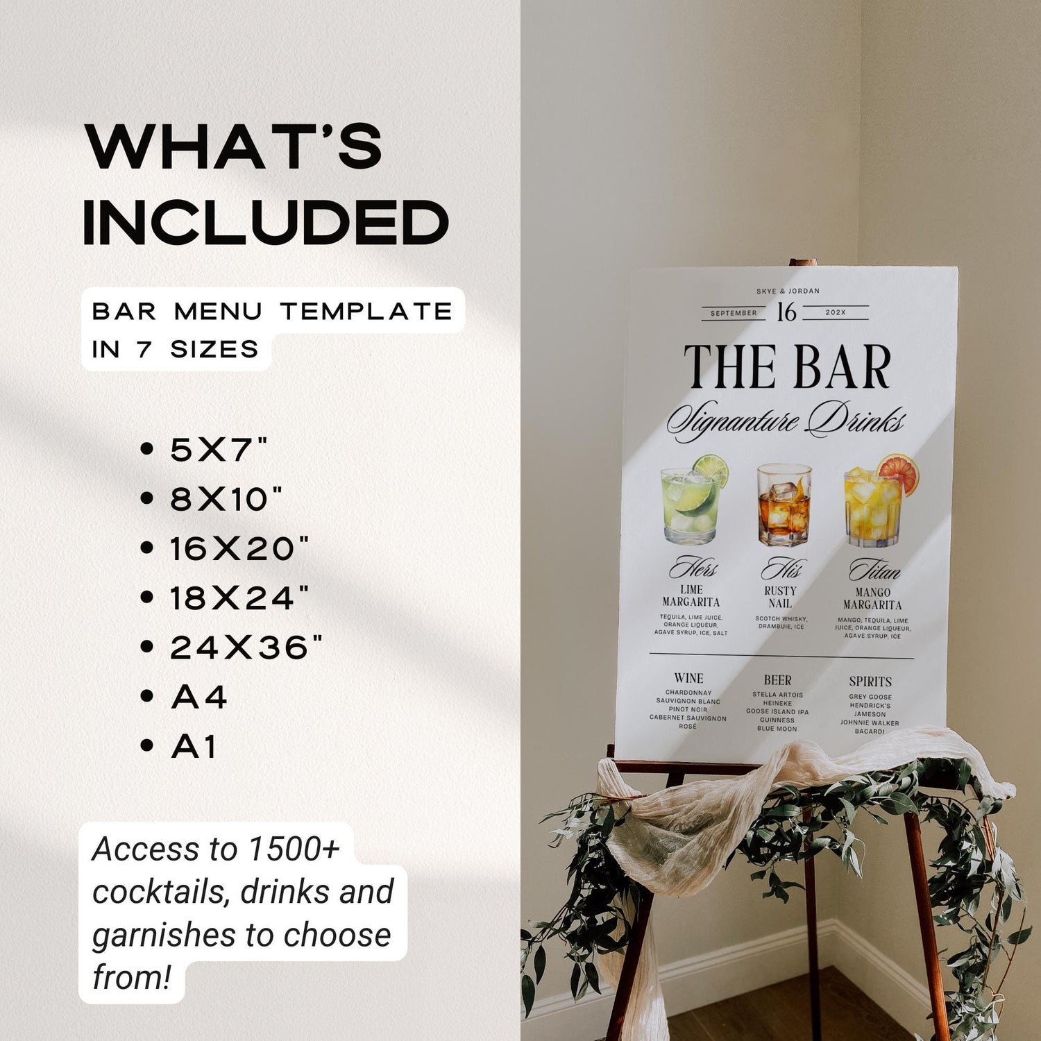 Signature Drinks Wedding Bar Menu Template – Editable Dog Drink Sign &amp; Open Bar Menu Canva DIY