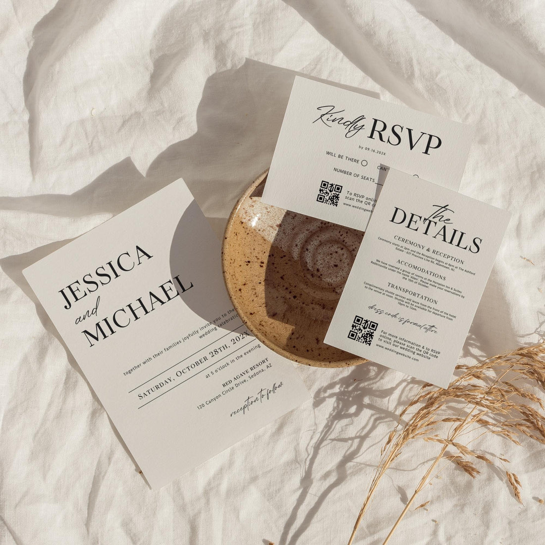 Minimalist Wedding Invitation Suite Template – Modern Invitation, QR Code RSVP &amp; Details Card Bundle