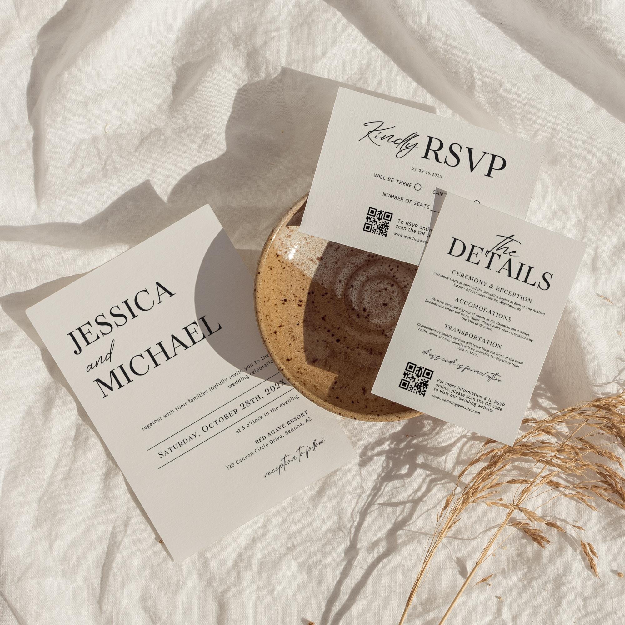 Minimalist Wedding Invitation Suite Template – Modern Invitation, QR Code RSVP &amp; Details Card Bundle