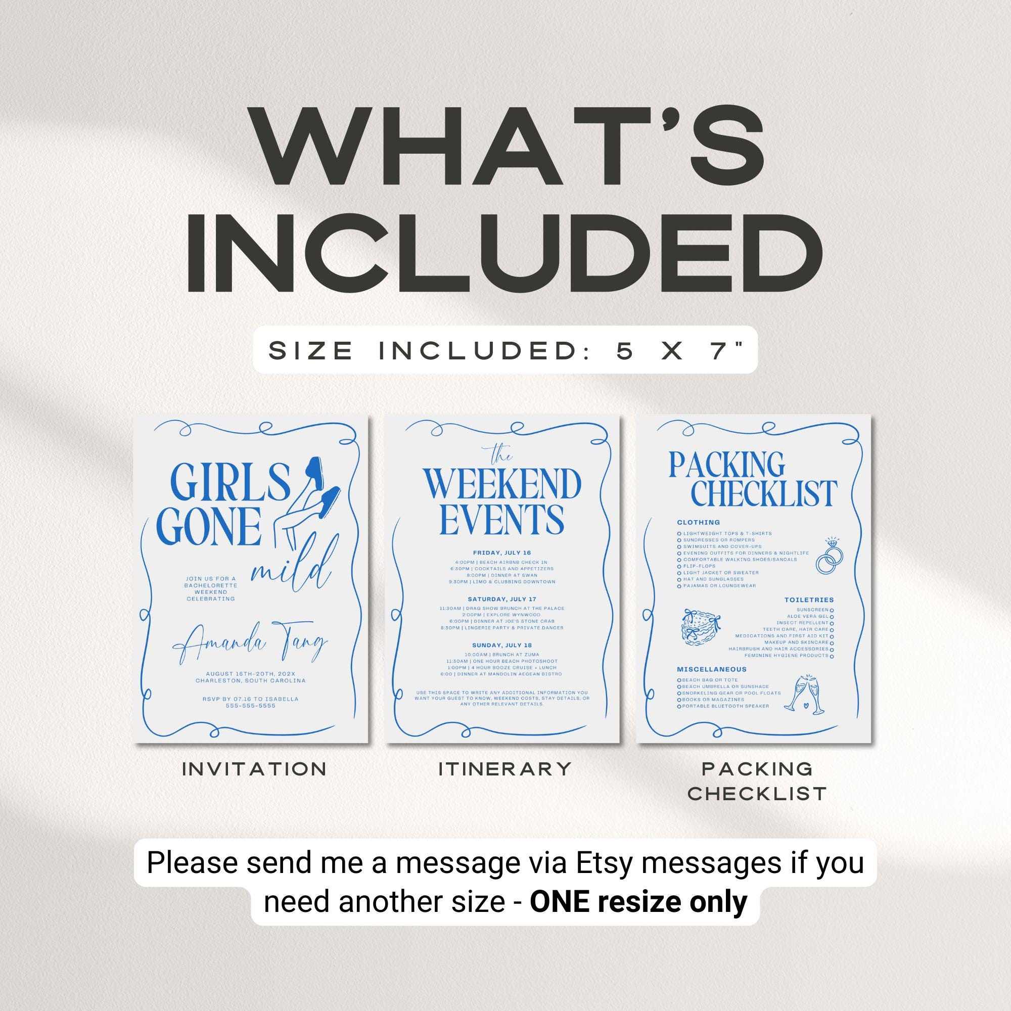 Girls Gone Mild Bachelorette Invitation, Itinerary &amp; Packing List – Editable Slumber Party Canva Template