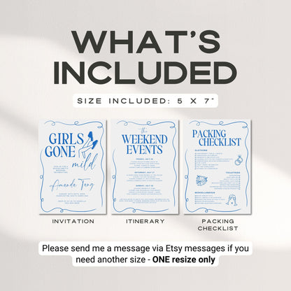 Girls Gone Mild Bachelorette Invitation, Itinerary &amp; Packing List – Editable Slumber Party Canva Template