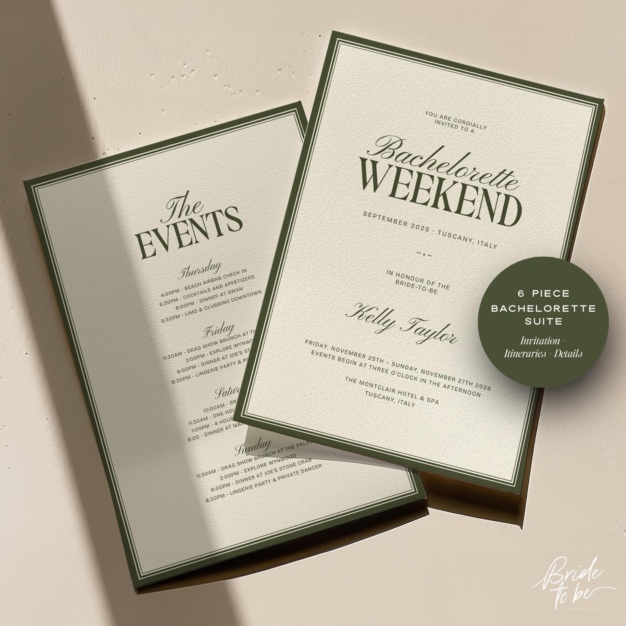 Old Money Olive Green Bachelorette Weekend Itinerary – Elegant Canva Template