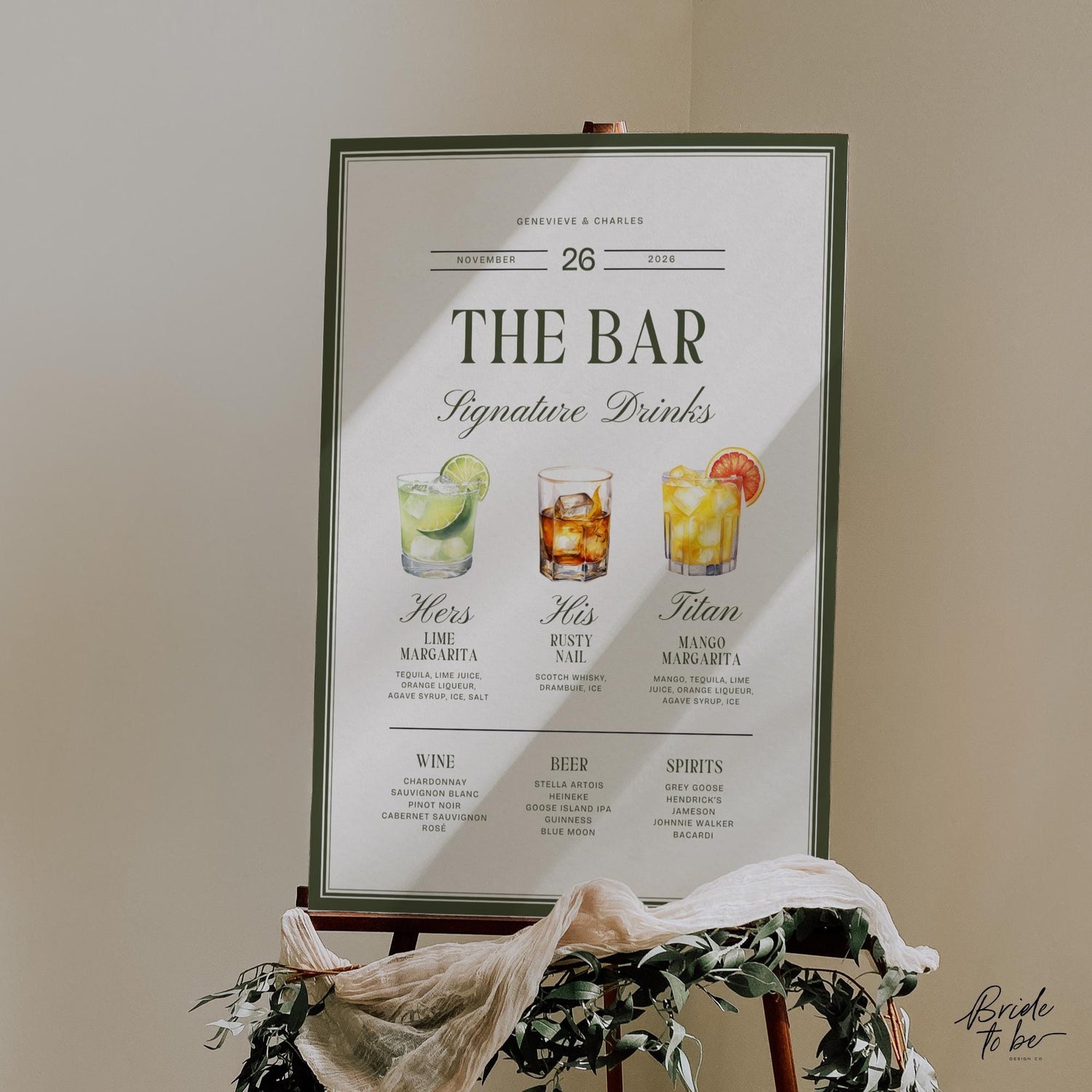 Old Money Olive Green Signature Drinks Sign – Classic Wedding Bar Canva Template