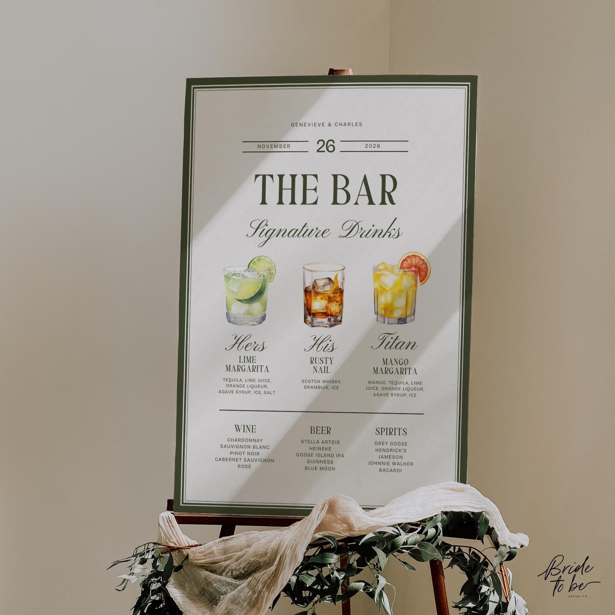 Old Money Olive Green Signature Drinks Sign – Classic Wedding Bar Canva Template