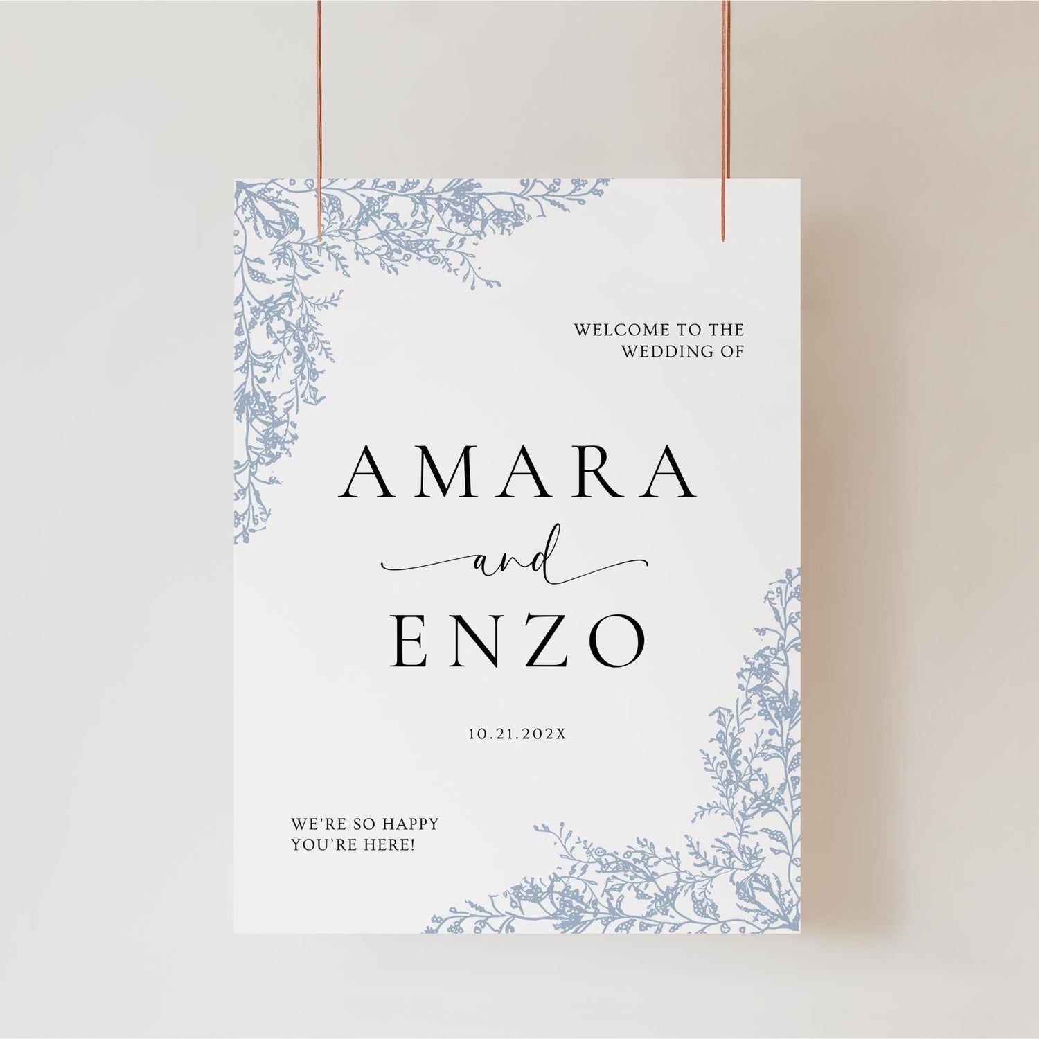 Dusty Blue Wedding Sign Template | Editable Floral Welcome Sign | Chinoiserie French Country Wedding Signage | Garden Wedding Canva DIY