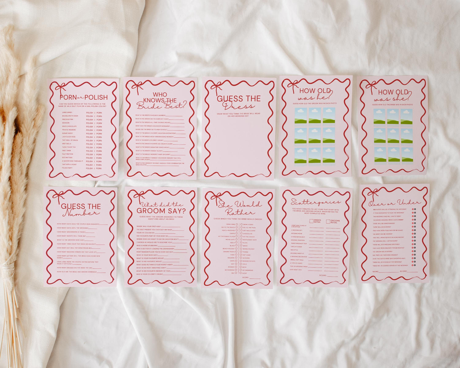 Wavy Bridal Shower &amp; Bachelorette Games | Pink &amp; Red Editable Templates
