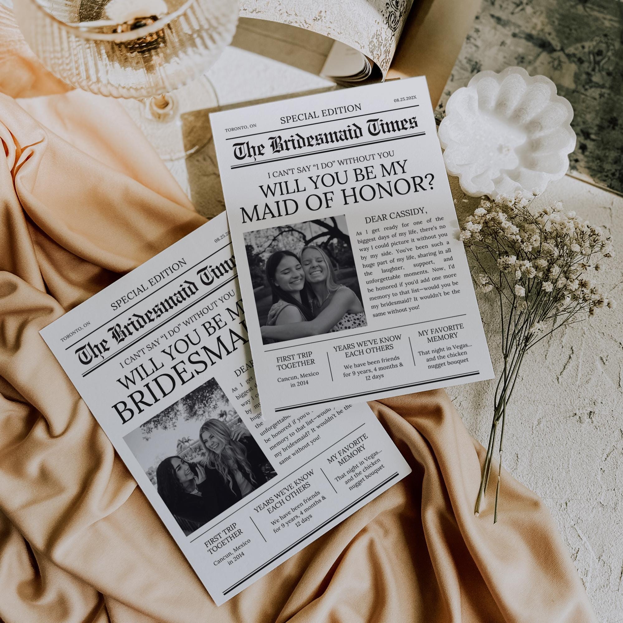 Newspaper Bridesmaid Proposal Card - Editable Canva Template