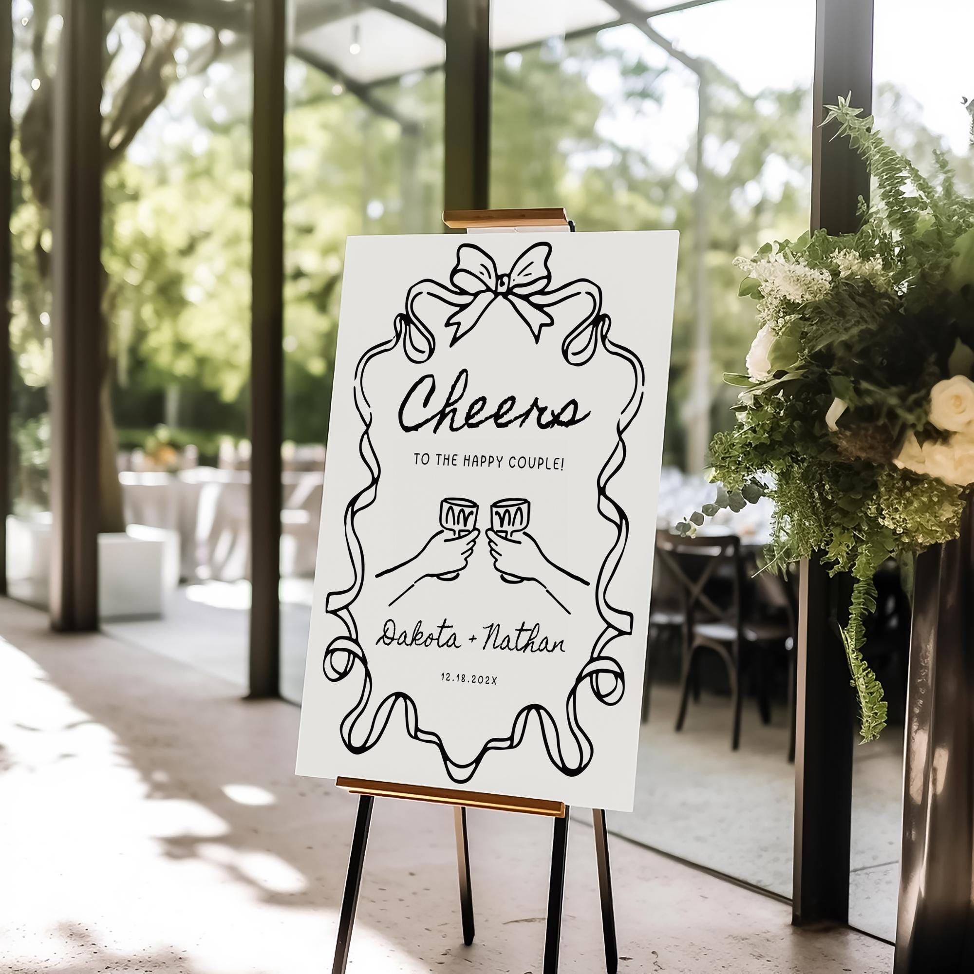 Whimsical Engagement Party Welcome Sign – Editable Canva Template with Bow Illustration