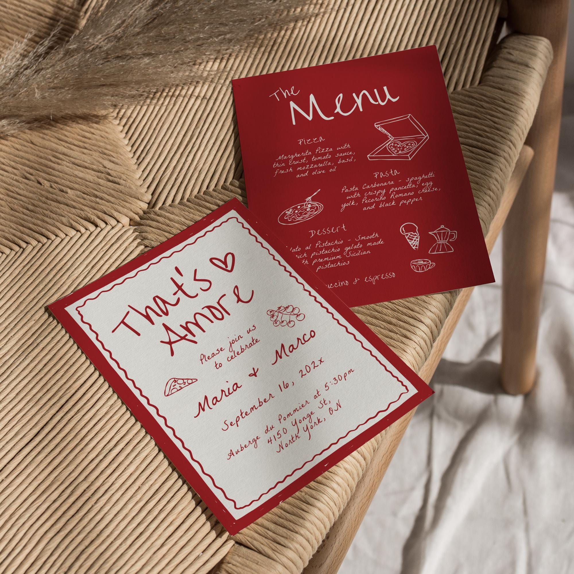 That’s Amore Rehearsal Dinner Invitation, Menu &amp; Name Cards – Editable Canva Template for Italian Engagement or Pizza Party