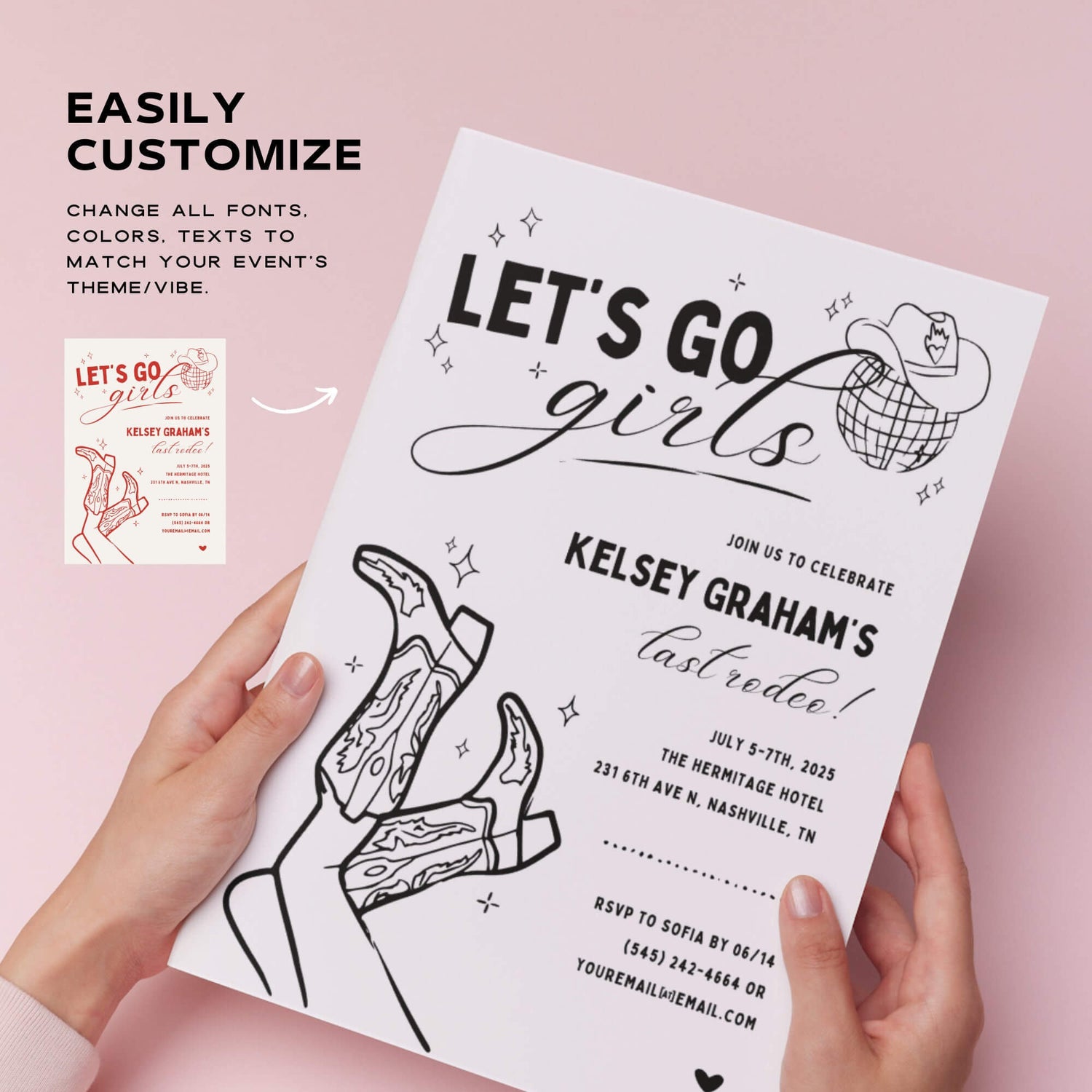 Let’s Go Girls Bachelorette Itinerary Template – Nashville Invitation, Disco Cowgirl, Last Rodeo, Nash Bash Party Printable