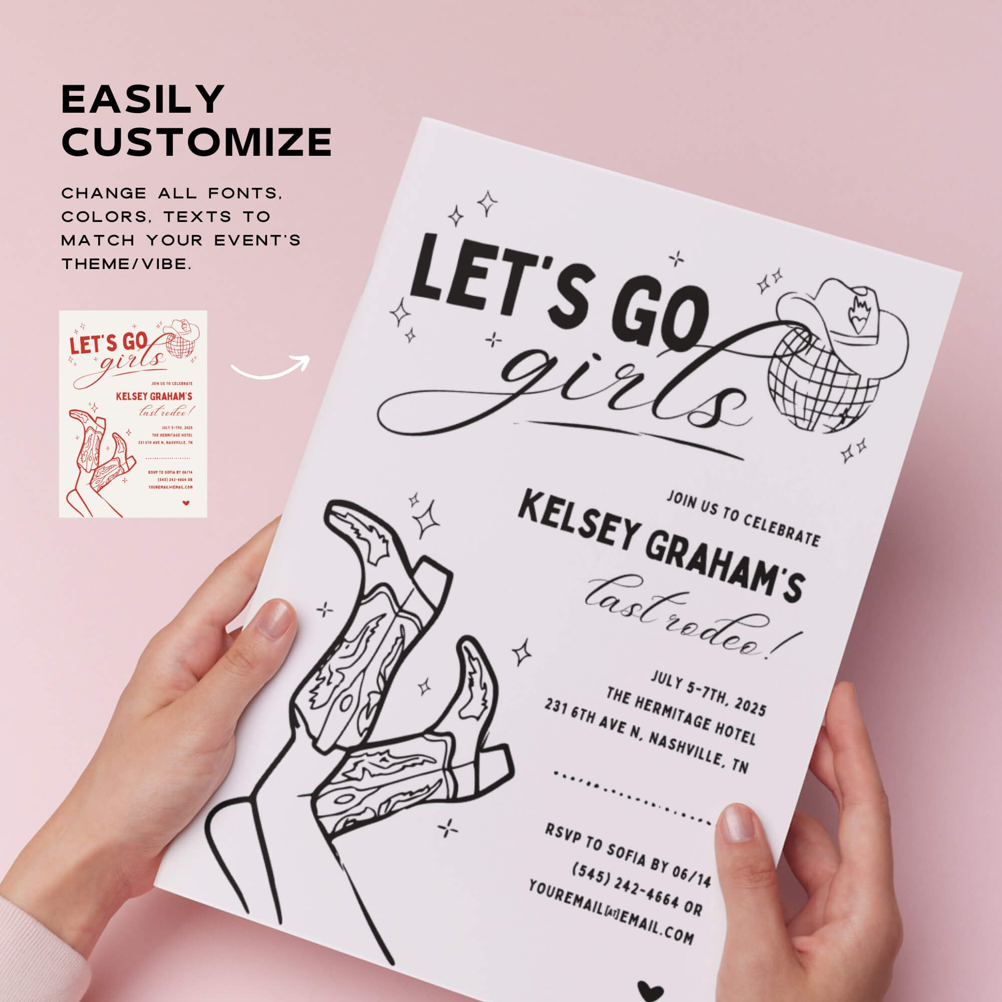 Let’s Go Girls Bachelorette Itinerary Template – Nashville Invitation, Disco Cowgirl, Last Rodeo, Nash Bash Party Printable
