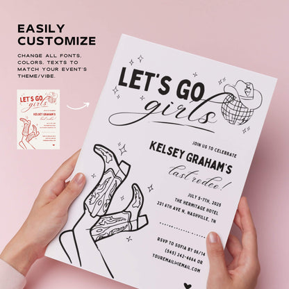 Let’s Go Girls Bachelorette Itinerary Template – Nashville Invitation, Disco Cowgirl, Last Rodeo, Nash Bash Party Printable