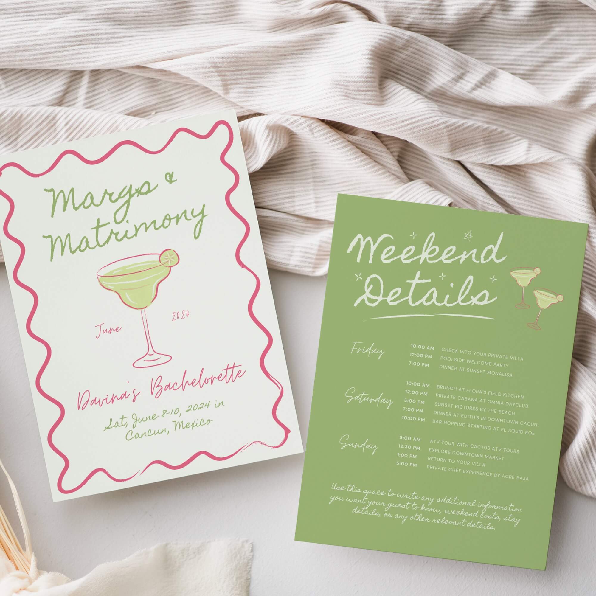 Margaritas and Matrimony Bachelorette Invitation, Itinerary &amp; Packing List – Editable Final Fiesta Canva Template