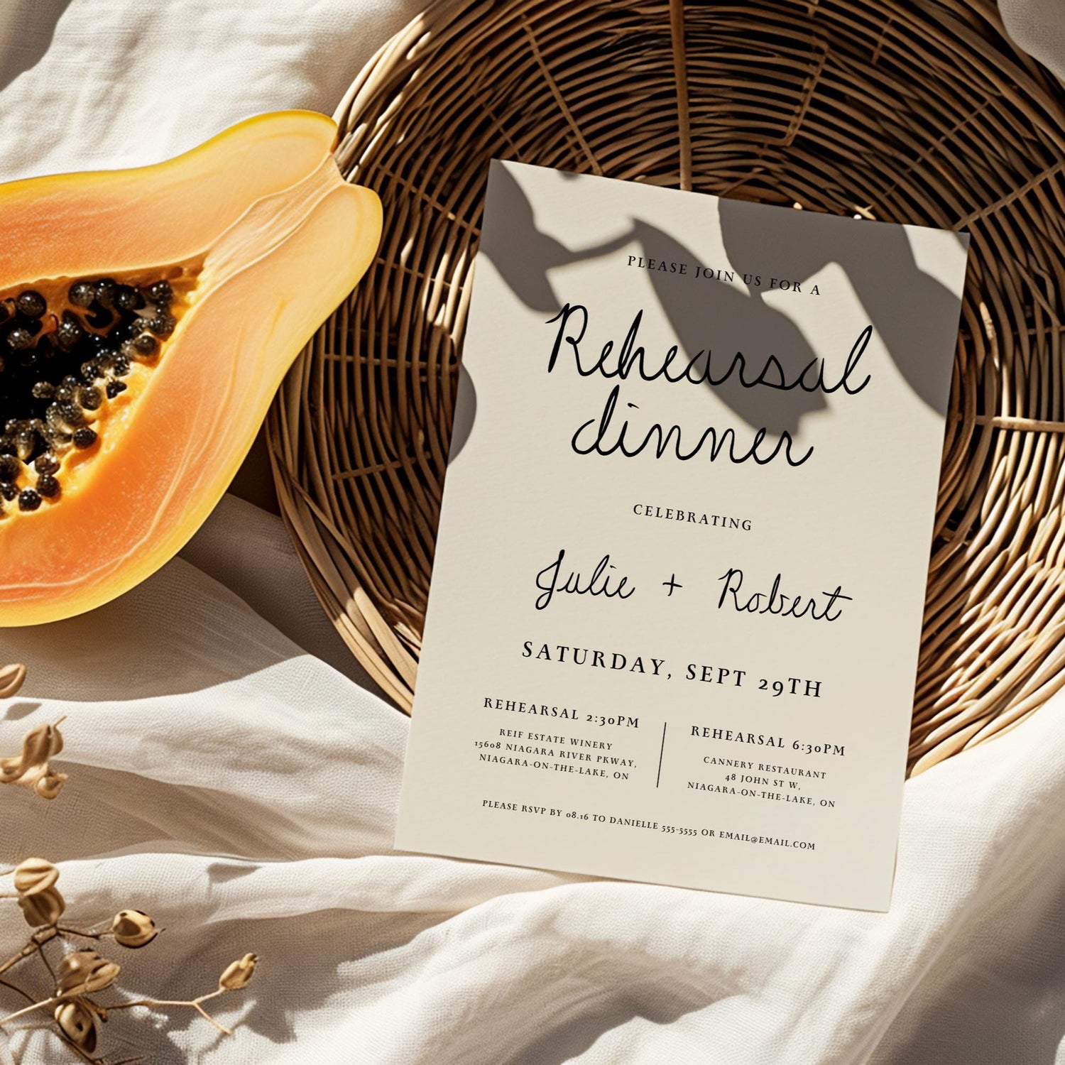 Minimal Rehearsal Dinner Invitation &amp; Menu – Editable Canva Template with Hand-Drawn Details