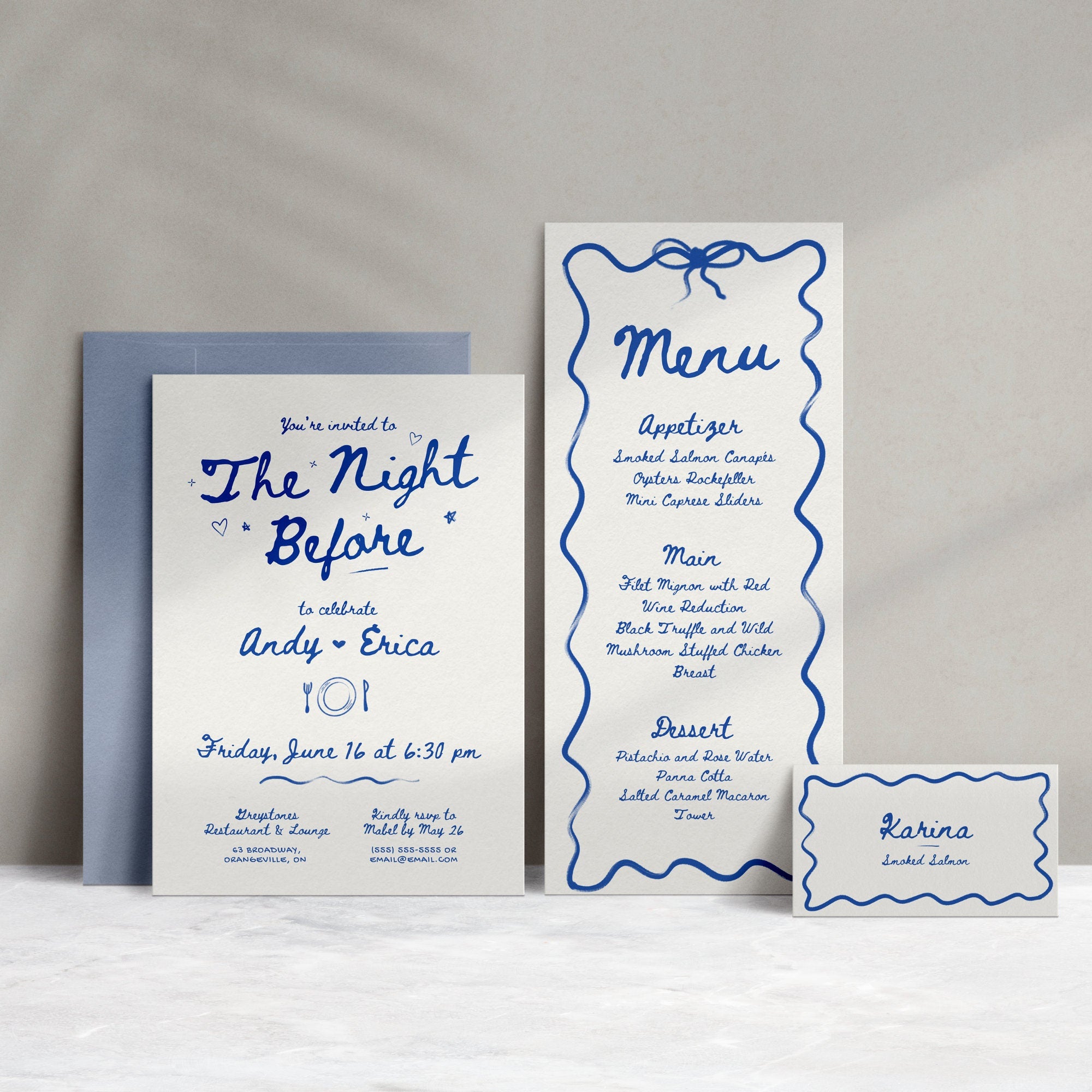 Rehearsal Dinner Invitation, Menu &amp; Place Card Templates - Canva Bundle