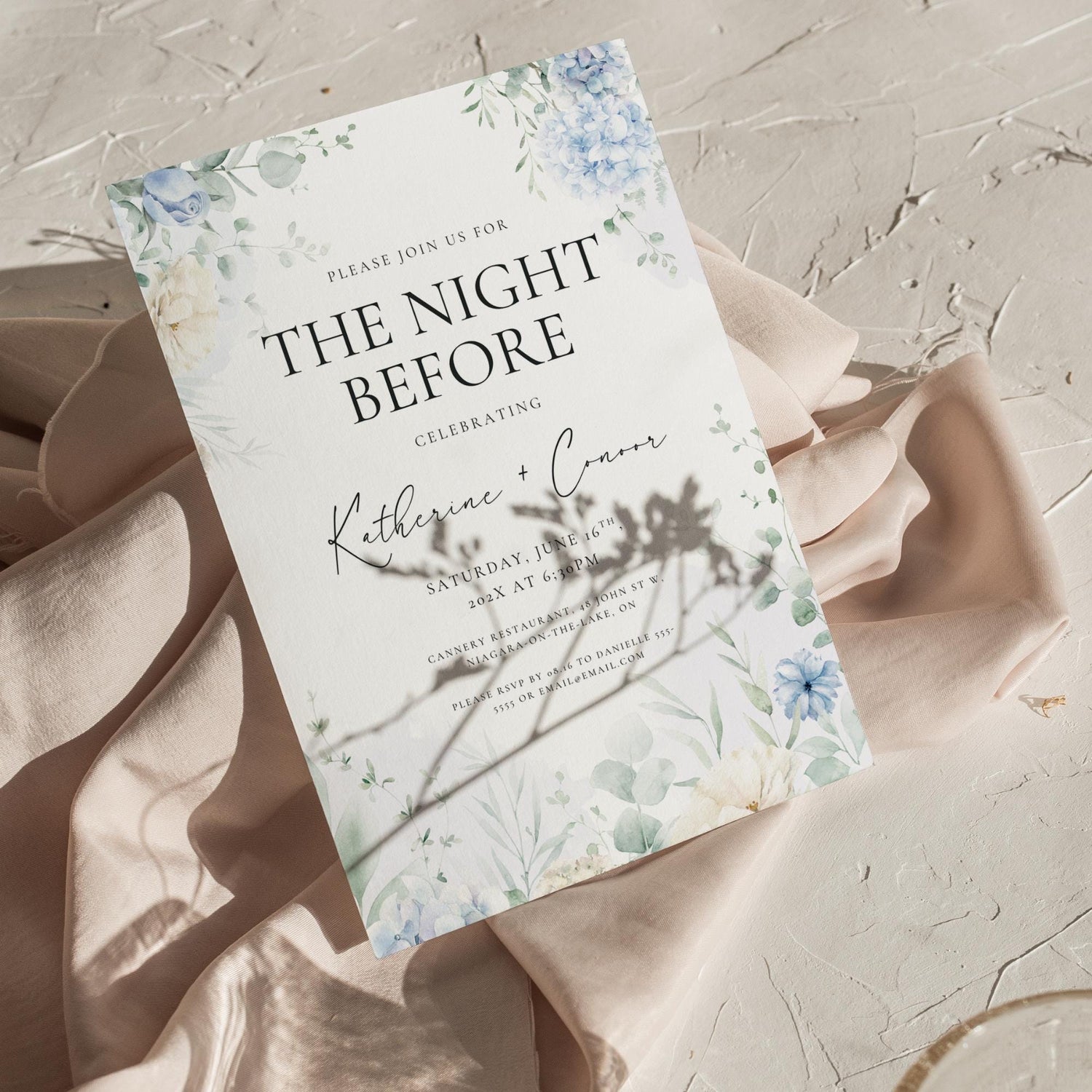 Dusty Blue Floral Rehearsal Dinner Invitation Template – Editable “The Night Before” Canva Design