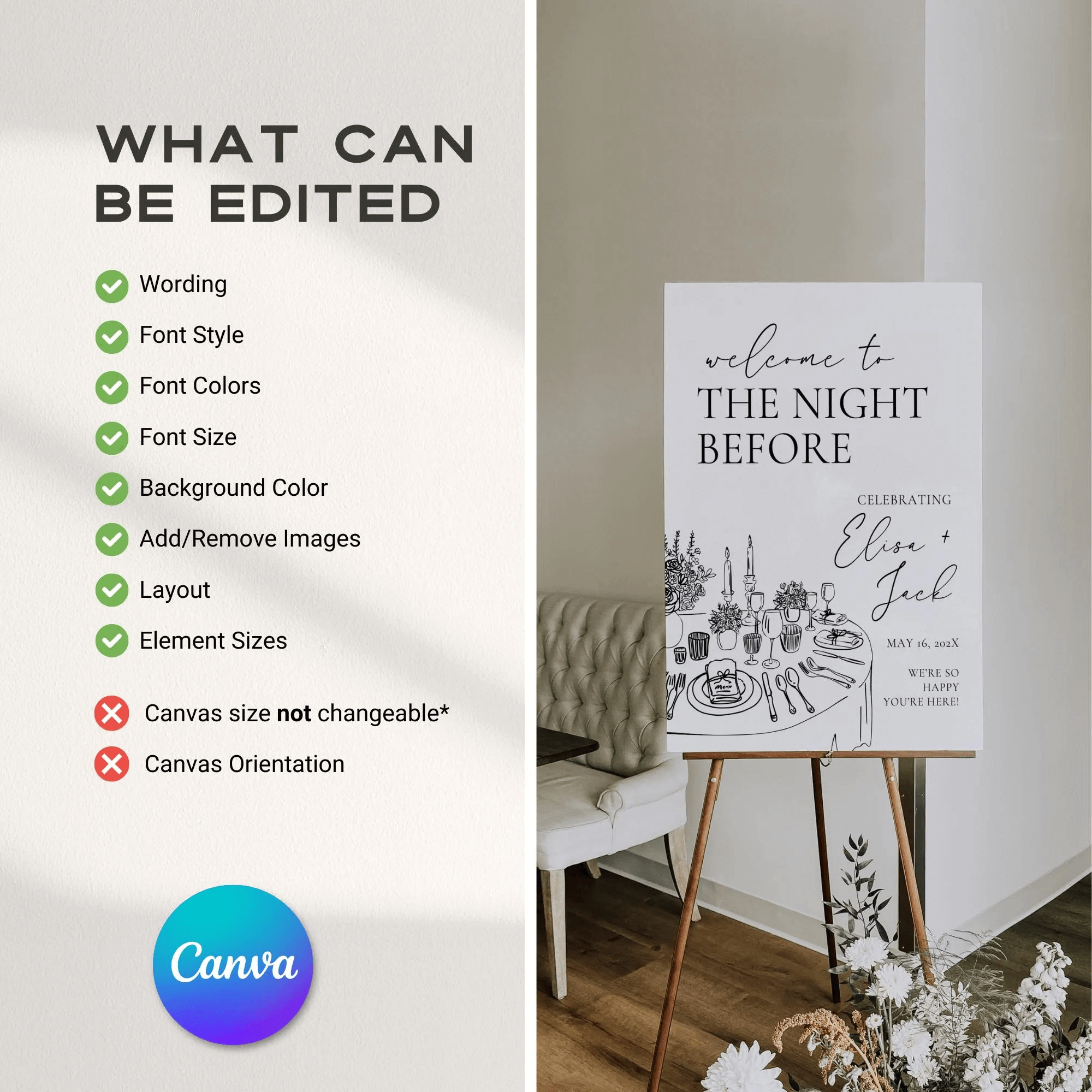 Night Before Rehearsal Dinner Welcome Sign – Editable Canva Template