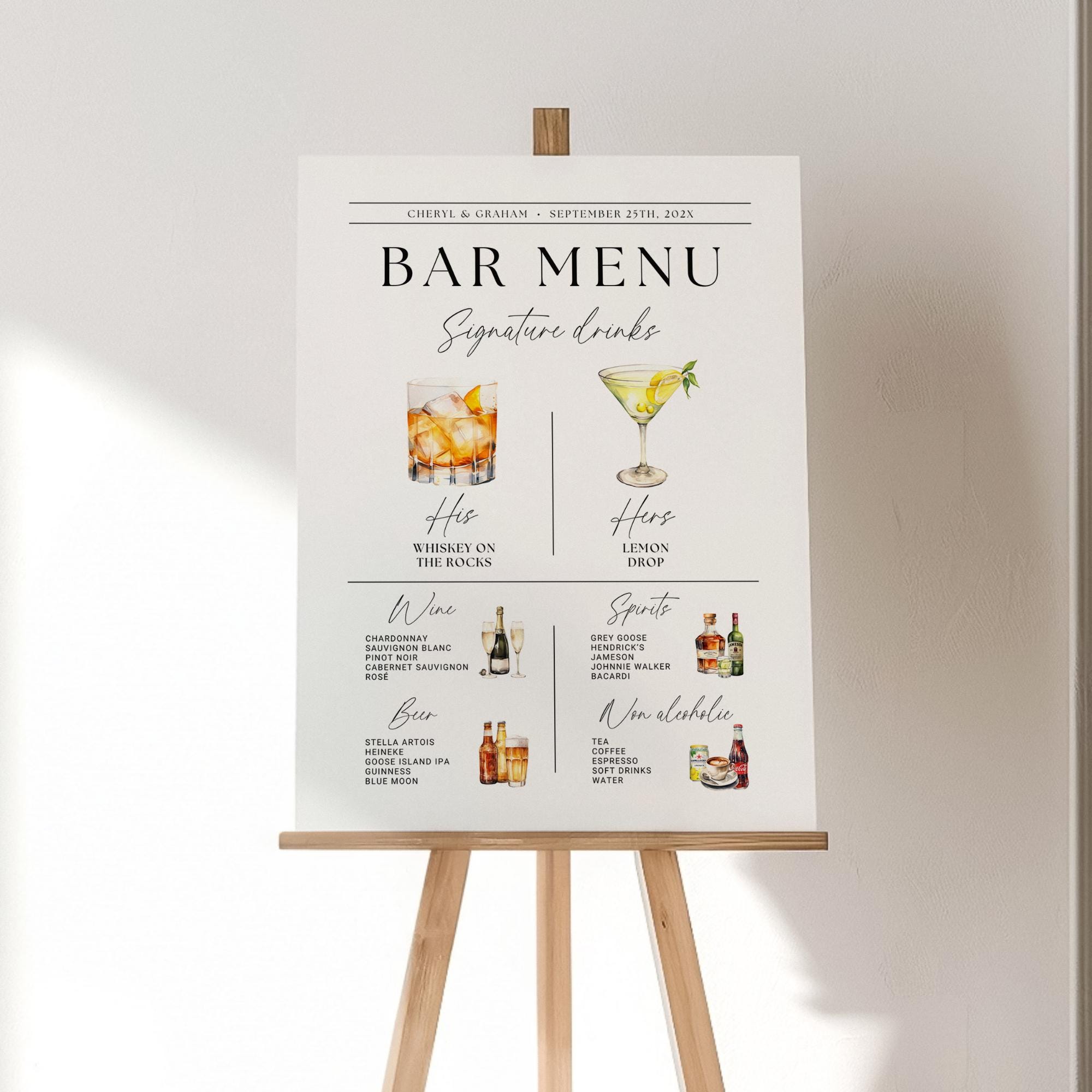Wedding Bar Menu Sign Template – Modern Signature Drinks &amp; His and Hers Cocktails Canva DIY