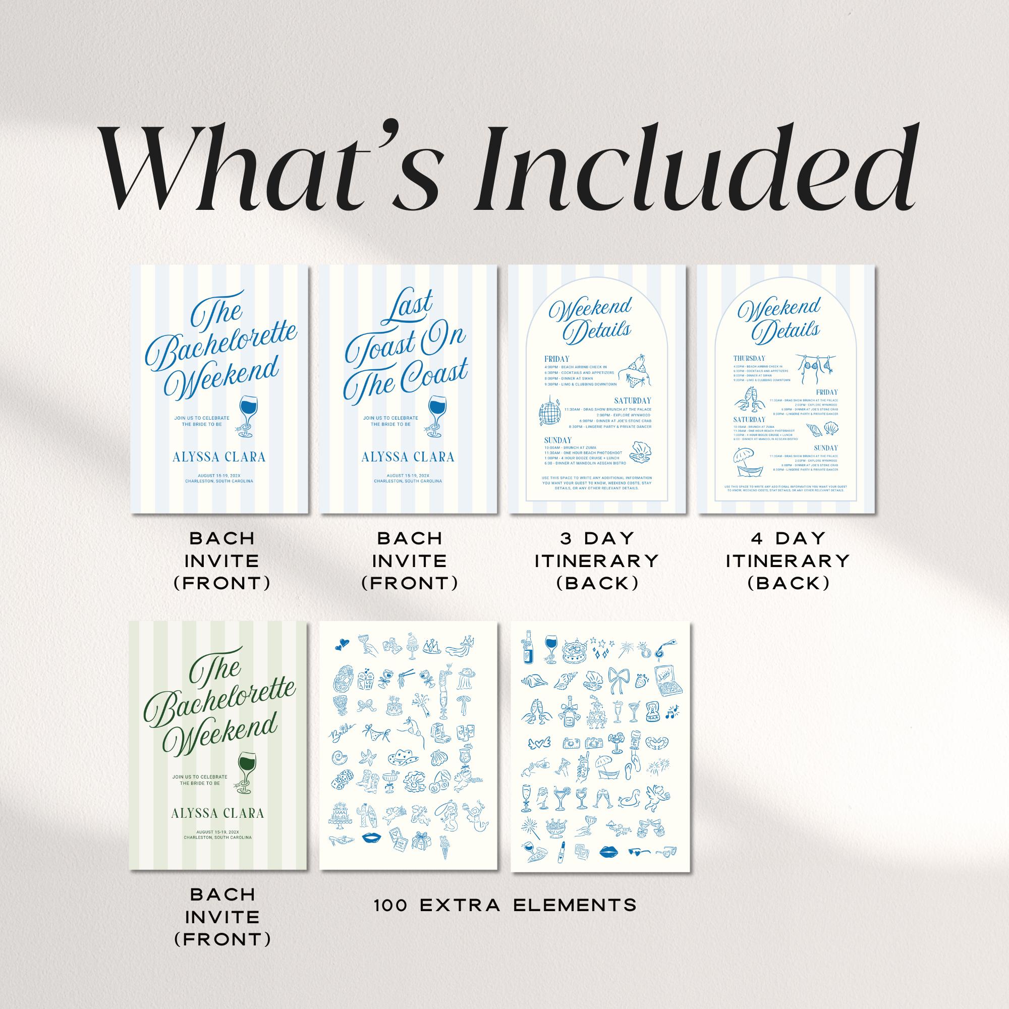 Beach Bachelorette Weekend Invitation &amp; Itinerary Bundle – Canva Templates
