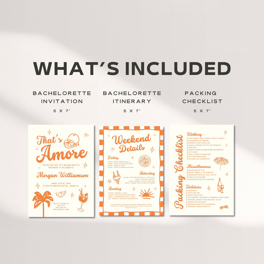 Orange “That’s Amore” Bachelorette Invitation, Itinerary &amp; Packing List – Editable Canva Template