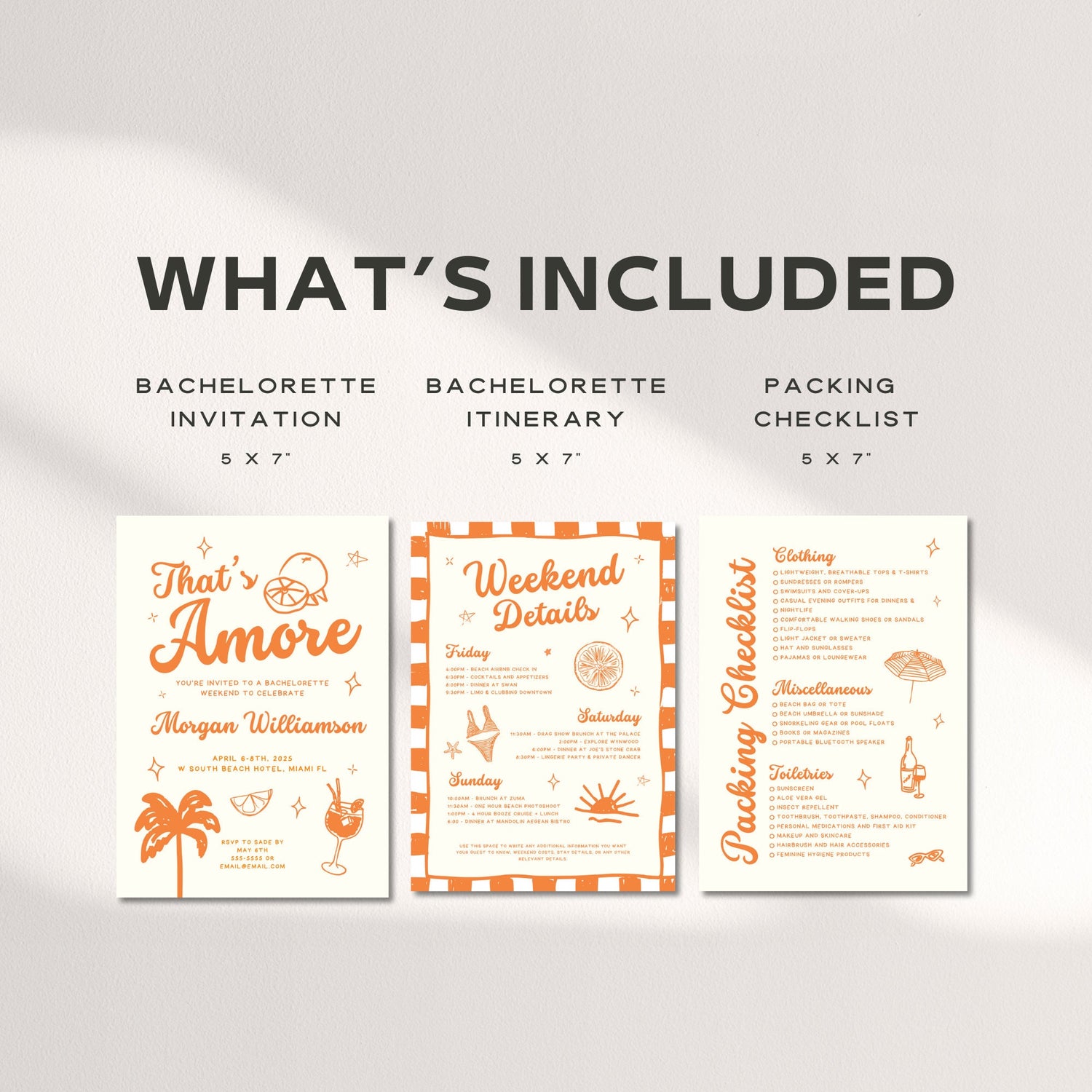 Orange “That’s Amore” Bachelorette Invitation, Itinerary &amp; Packing List – Editable Canva Template