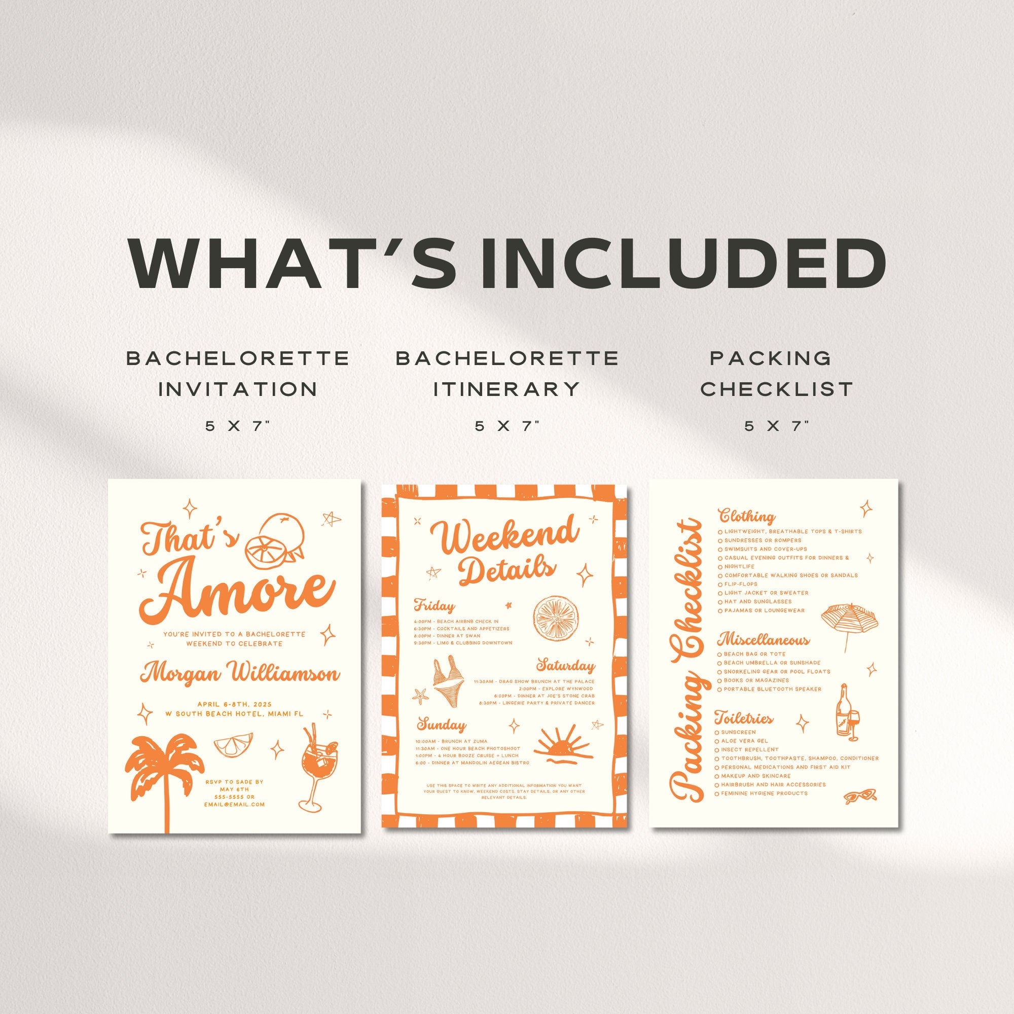 Orange “That’s Amore” Bachelorette Invitation, Itinerary &amp; Packing List – Editable Canva Template