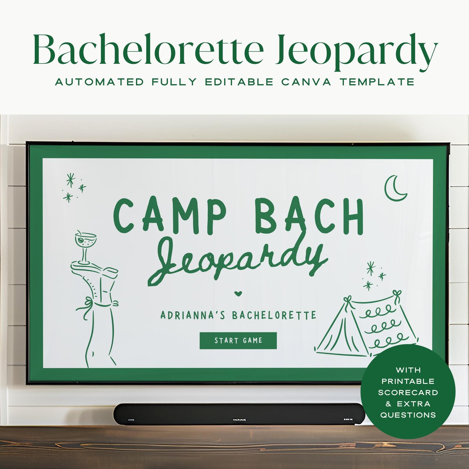 Camp Bachelorette Jeopardy Game – Glamping &amp; Cabin Trivia Canva Template