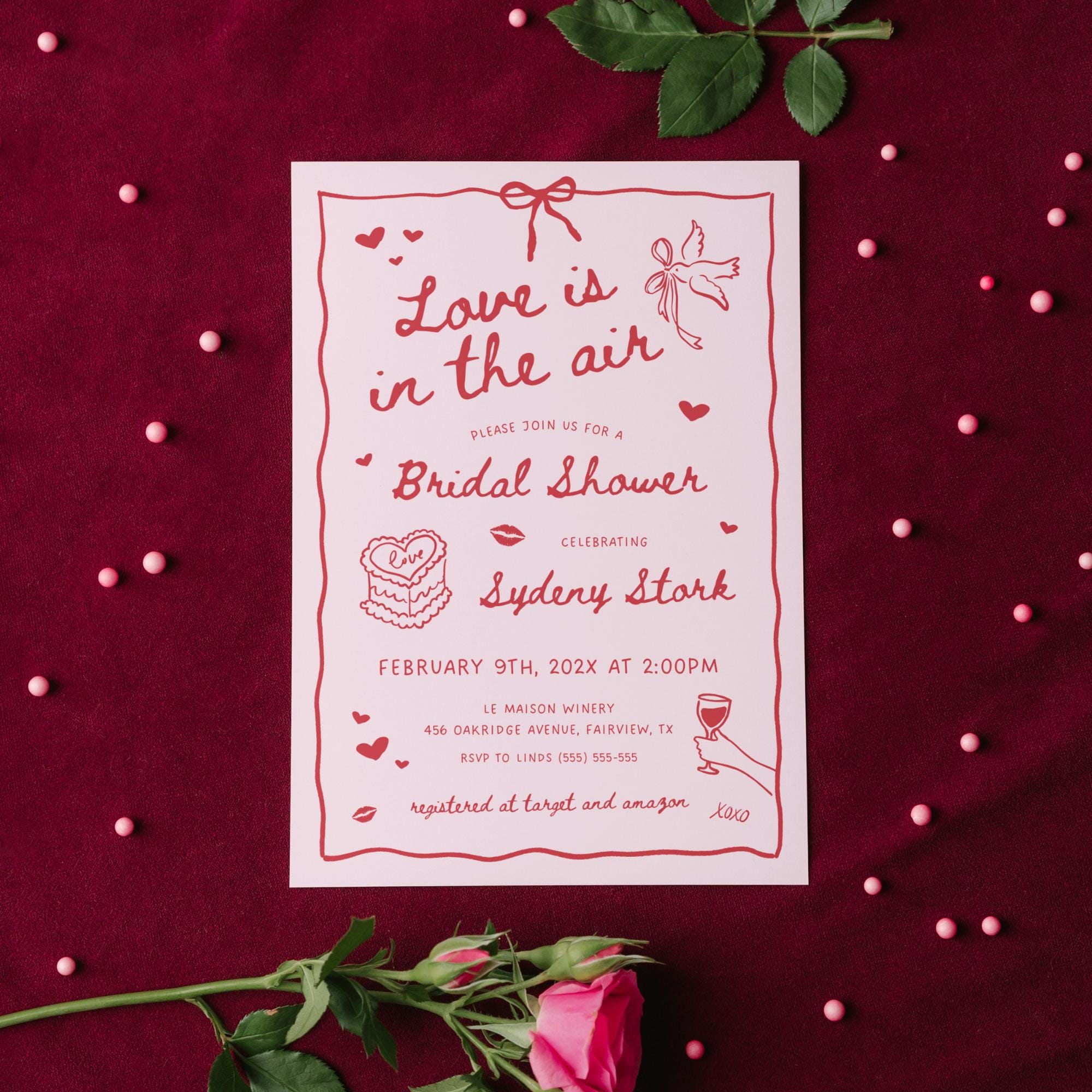 Valentine Bridal Shower Invitation – Pink “Love Is In The Air” Editable Canva Template