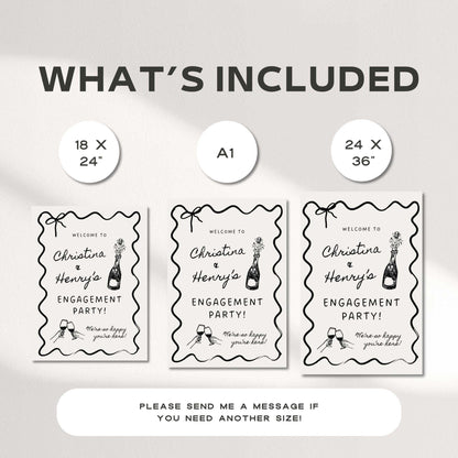 Wavy Engagement Party Welcome Sign, Whimsical Champagne Engagement Decorations, Hand-Drawn Style DIY Wedding Sign