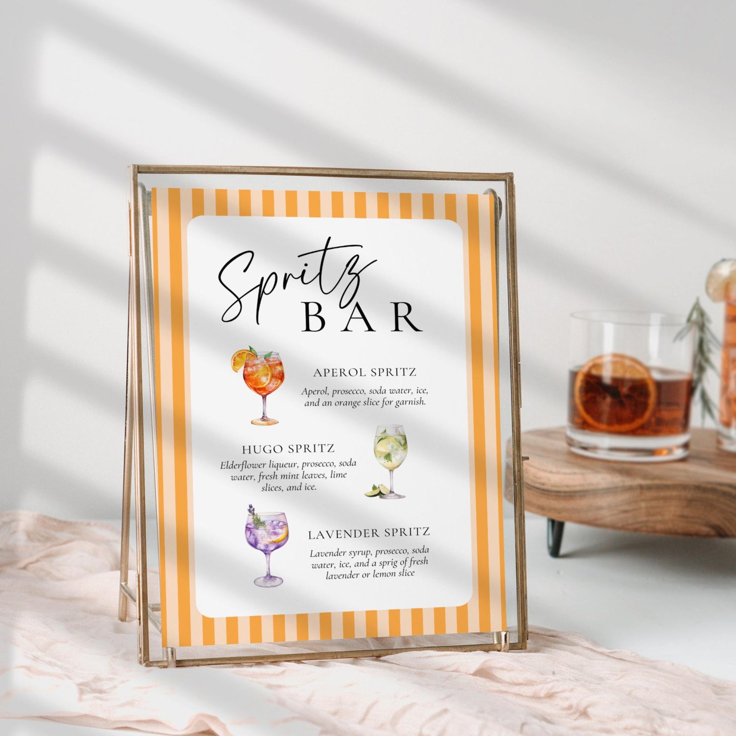 Watercolor Spritz Bar Sign Template – Aperol, Limoncello &amp; Hugo Spritz Recipes – Editable Canva Wedding &amp; Party Sign