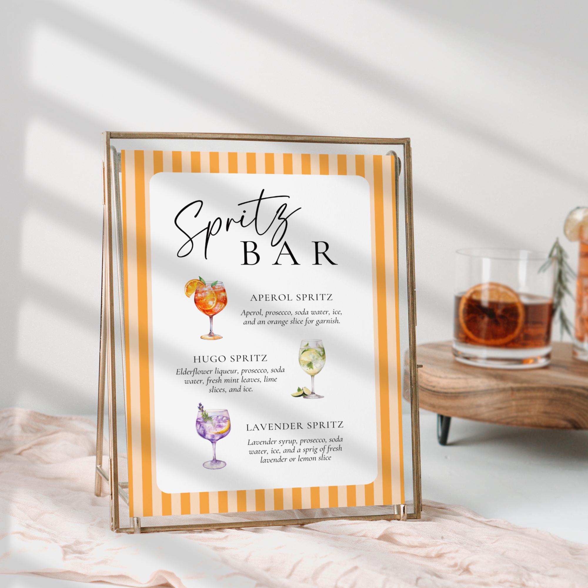 Watercolor Spritz Bar Sign Template – Aperol, Limoncello &amp; Hugo Spritz Recipes – Editable Canva Wedding &amp; Party Sign