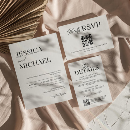 Minimalist Wedding Invitation Suite Template – Modern Invitation, QR Code RSVP &amp; Details Card Bundle