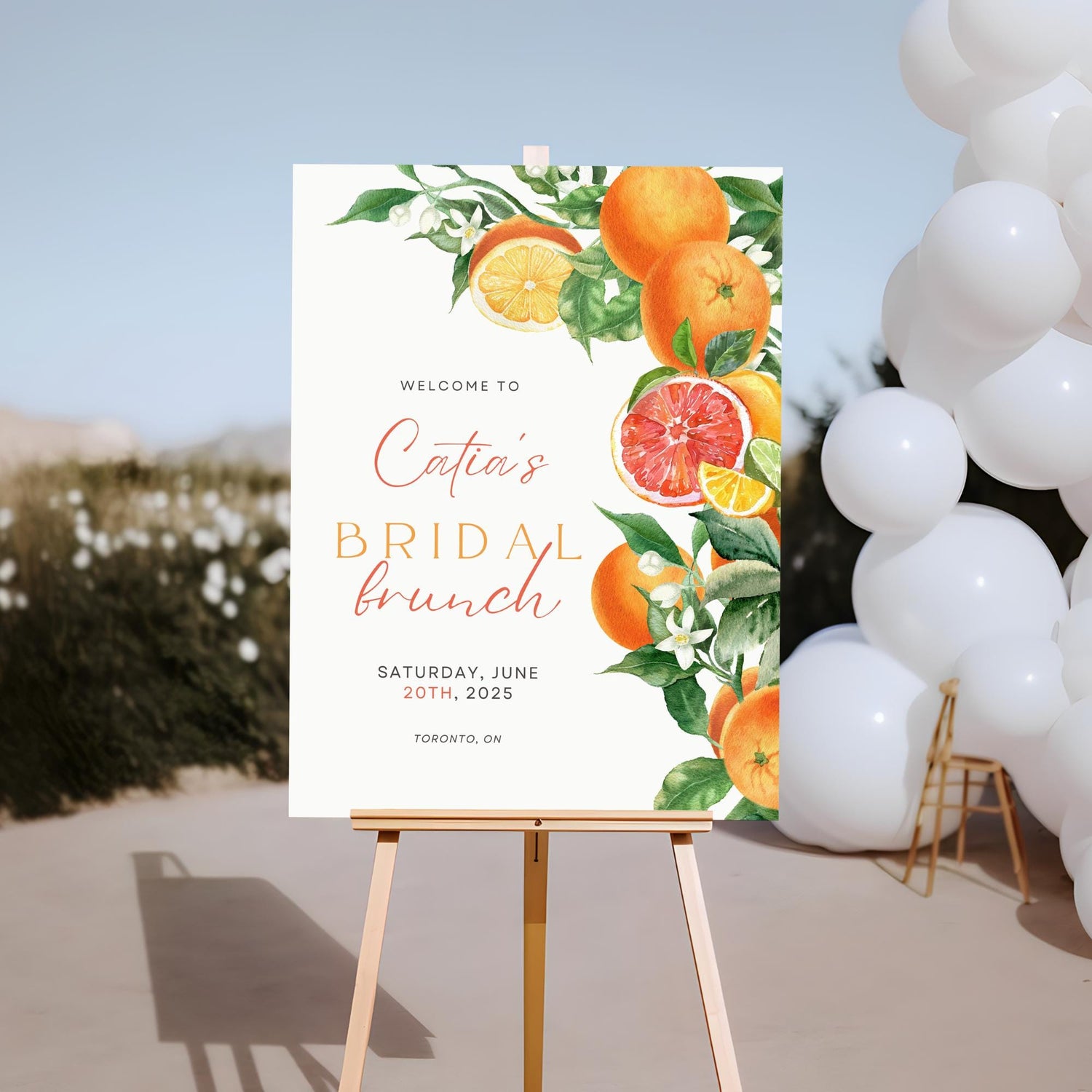 Orange Citrus Bridal Shower Sign Editable Template – “She Found Her Main Squeeze” Printable Floral Bridal Shower Decor (DIY Canva)