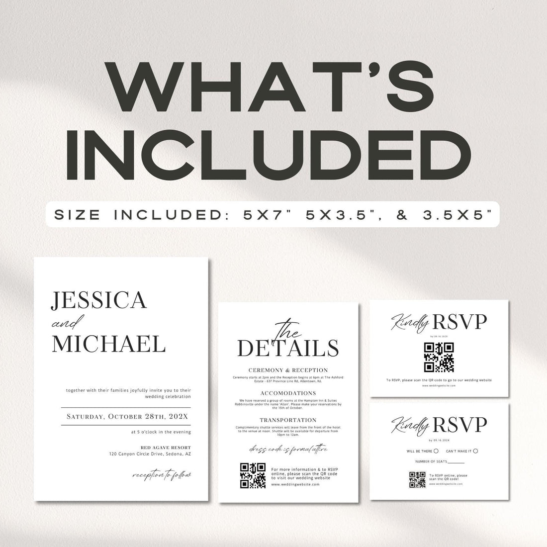 Minimalist Wedding Invitation Suite Template – Modern Invitation, QR Code RSVP &amp; Details Card Bundle