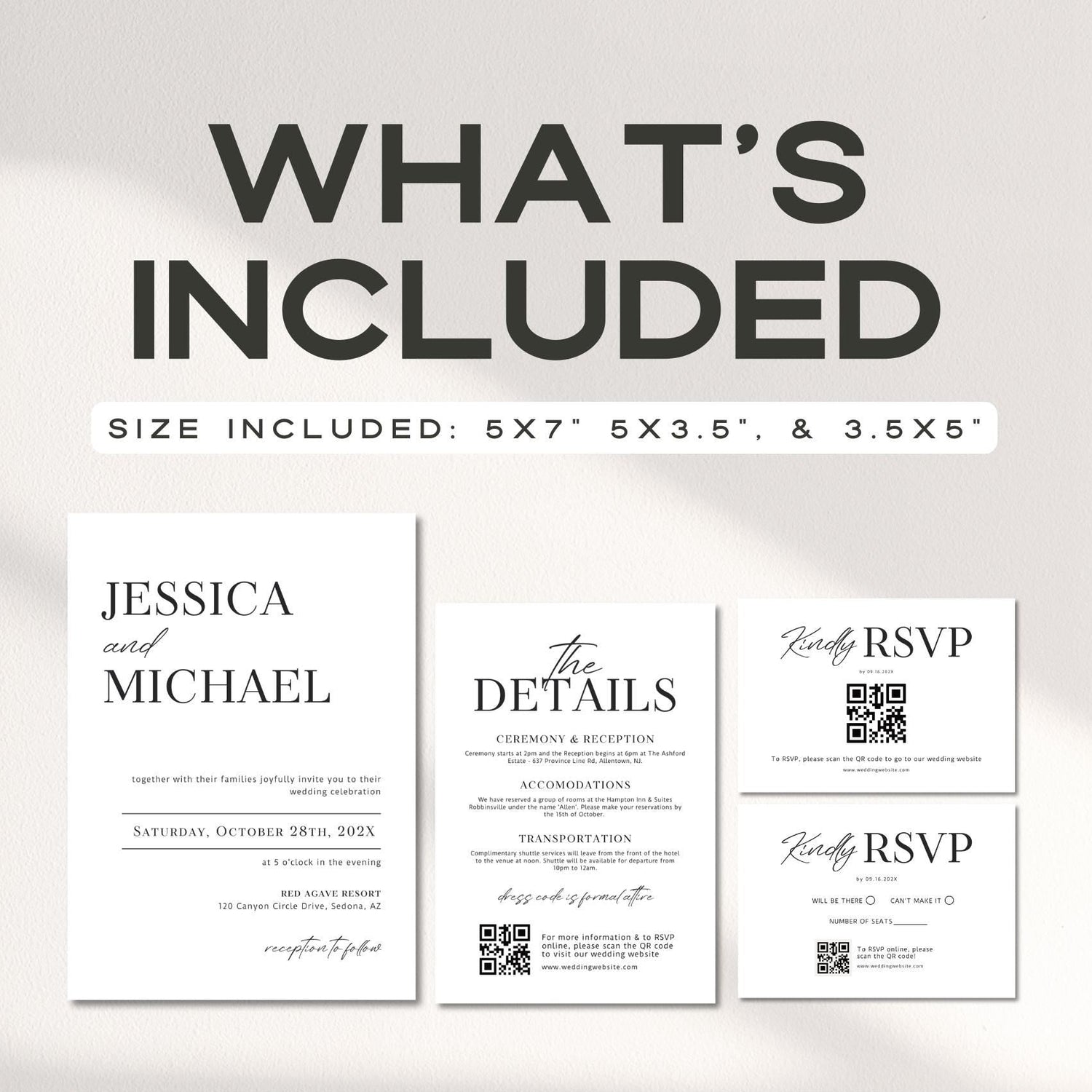 Minimalist Wedding Invitation Suite Template – Modern Invitation, QR Code RSVP &amp; Details Card Bundle