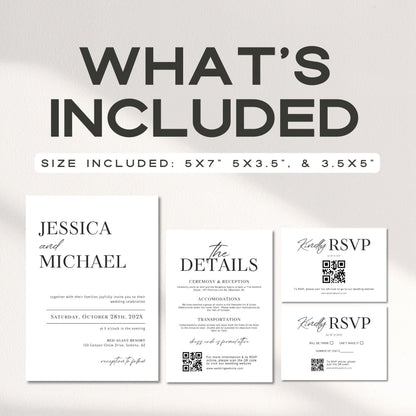 Minimalist Wedding Invitation Suite Template – Modern Invitation, QR Code RSVP &amp; Details Card Bundle