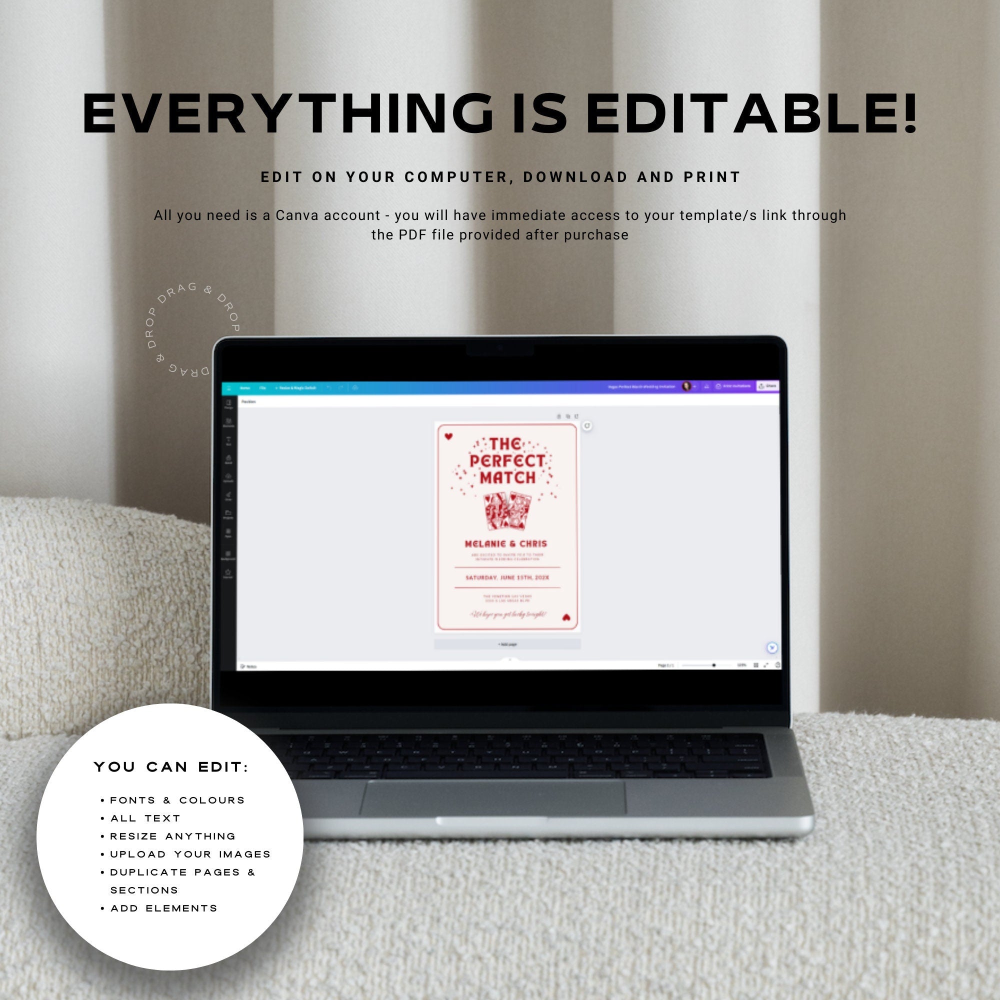 Vegas Wedding Invitation Template – Las Vegas Wedding Invite, Travel Theme Wedding Invitation, Perfect Match Elopement Announcement