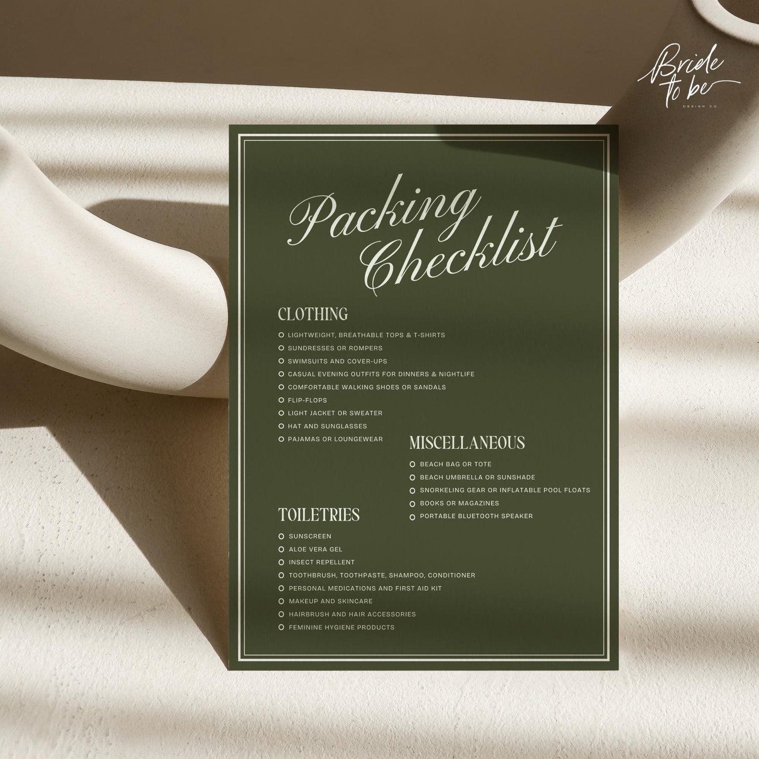Old Money Olive Green Bachelorette Weekend Itinerary – Elegant Canva Template
