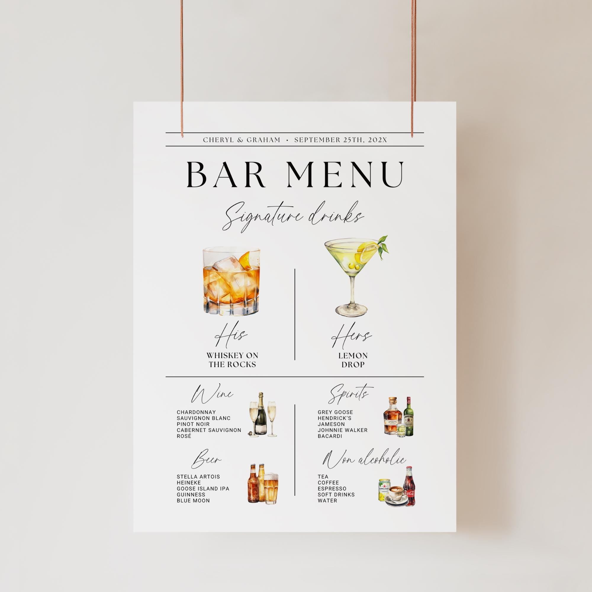 Wedding Bar Menu Sign Template – Modern Signature Drinks &amp; His and Hers Cocktails Canva DIY