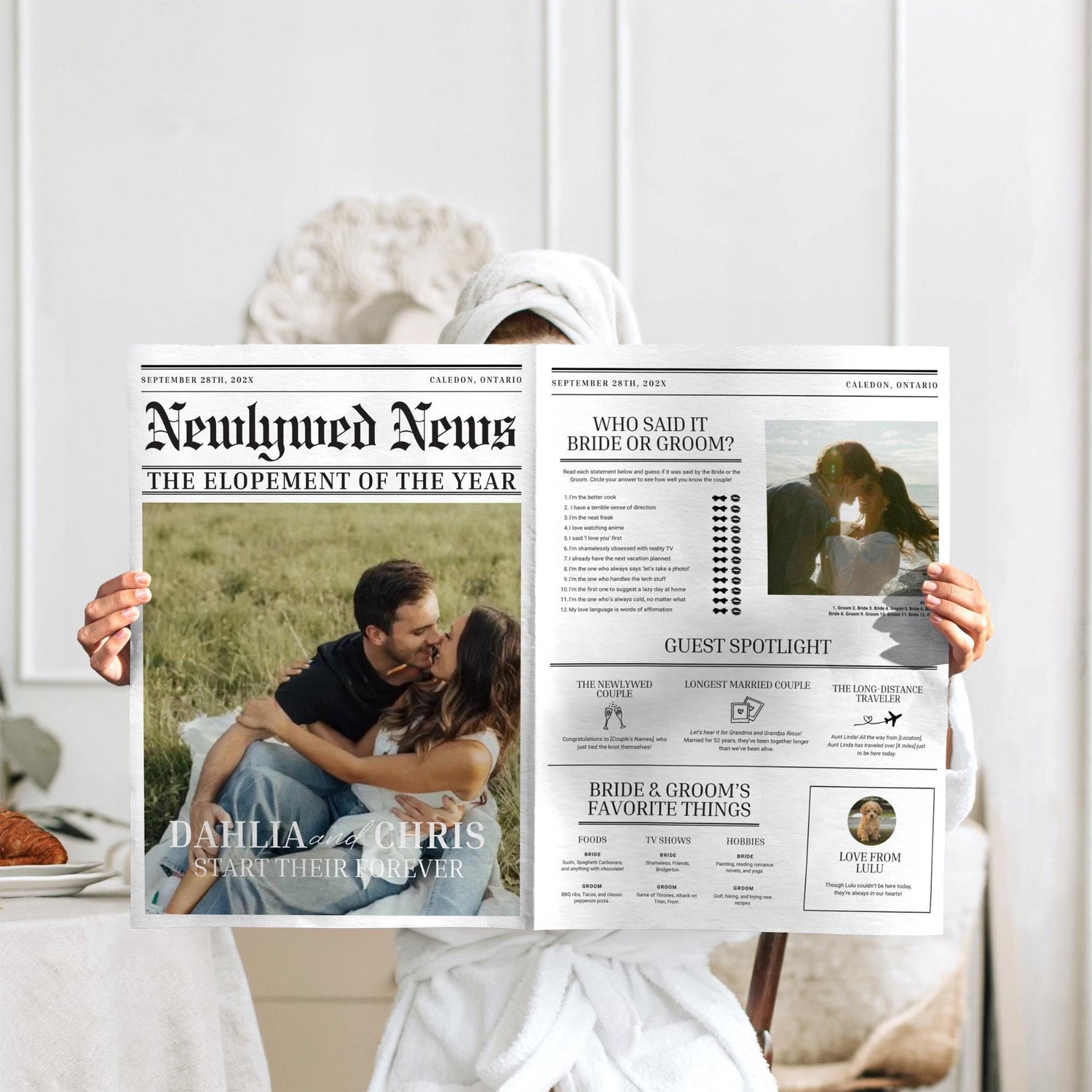 Photo Wedding Newspaper Template – Editable Newspaper Program &amp; Save the Date Canva