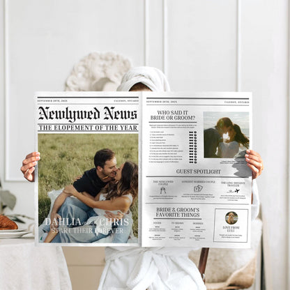 Photo Wedding Newspaper Template – Editable Newspaper Program &amp; Save the Date Canva