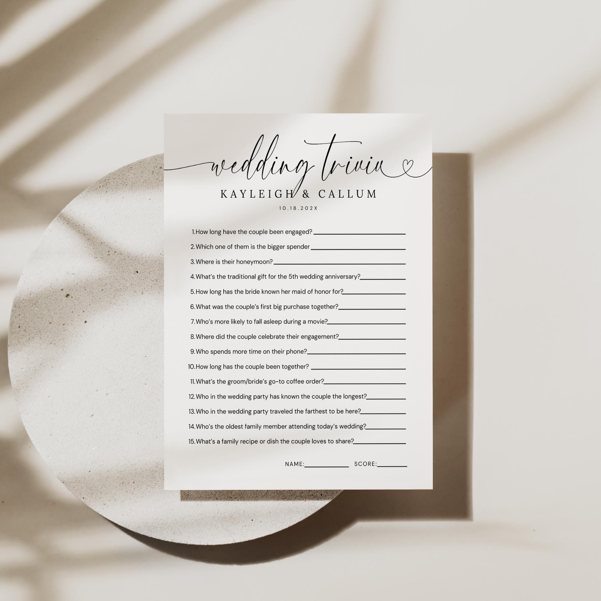 Minimal Wedding Trivia Game Template – Modern Reception Table Games Editable Canva DIY