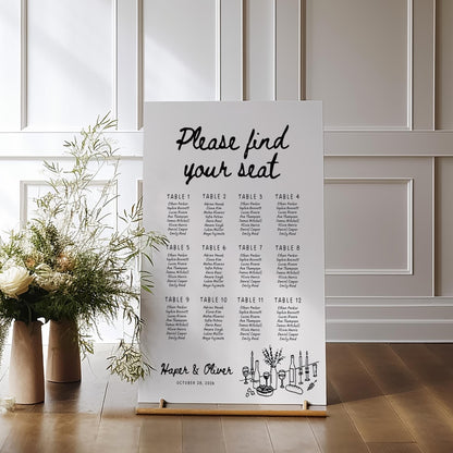 Whimsical Wedding Seating Chart Template – Hand-Drawn Editable Table Layout Canva Sign