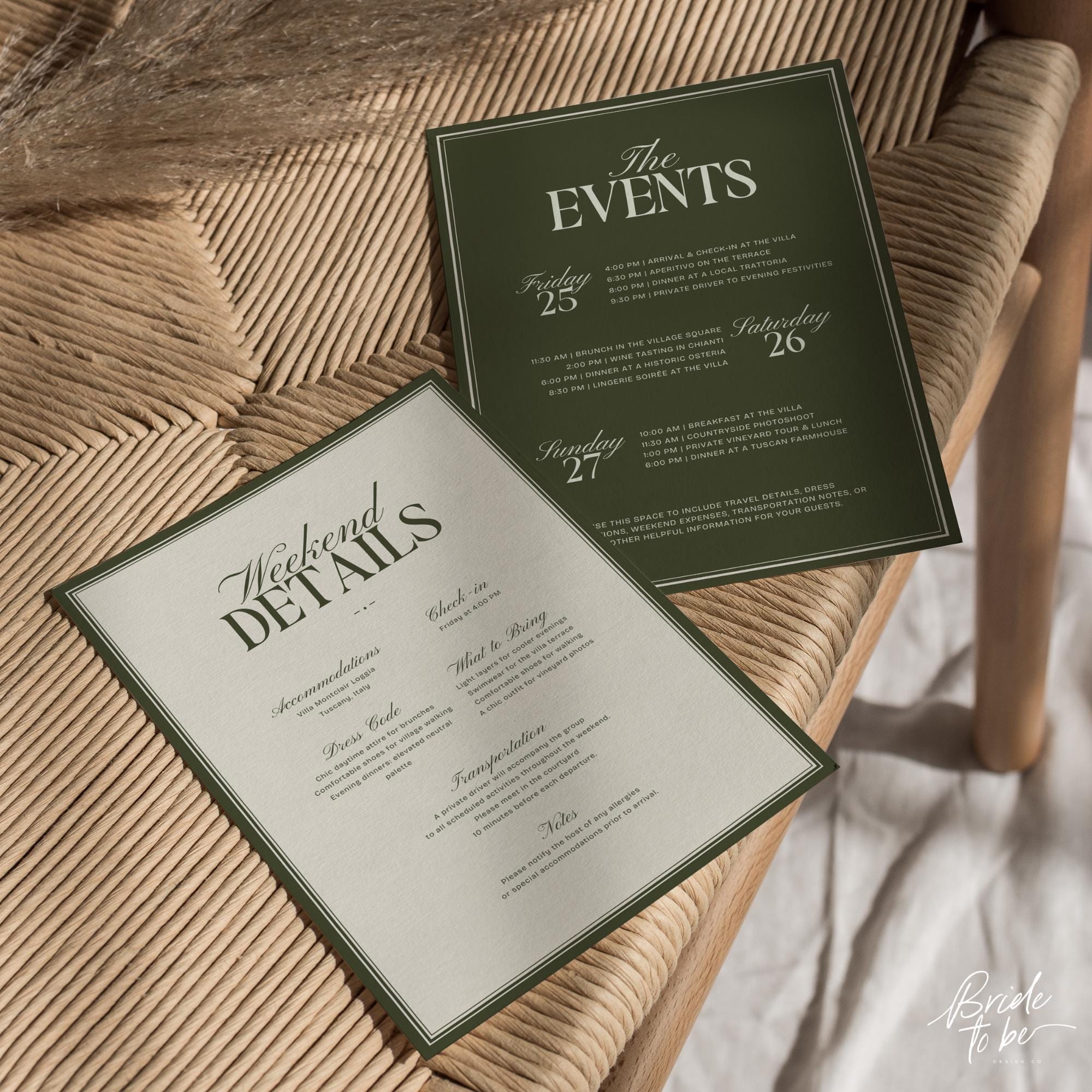 Old Money Olive Green Bachelorette Weekend Itinerary – Elegant Canva Template