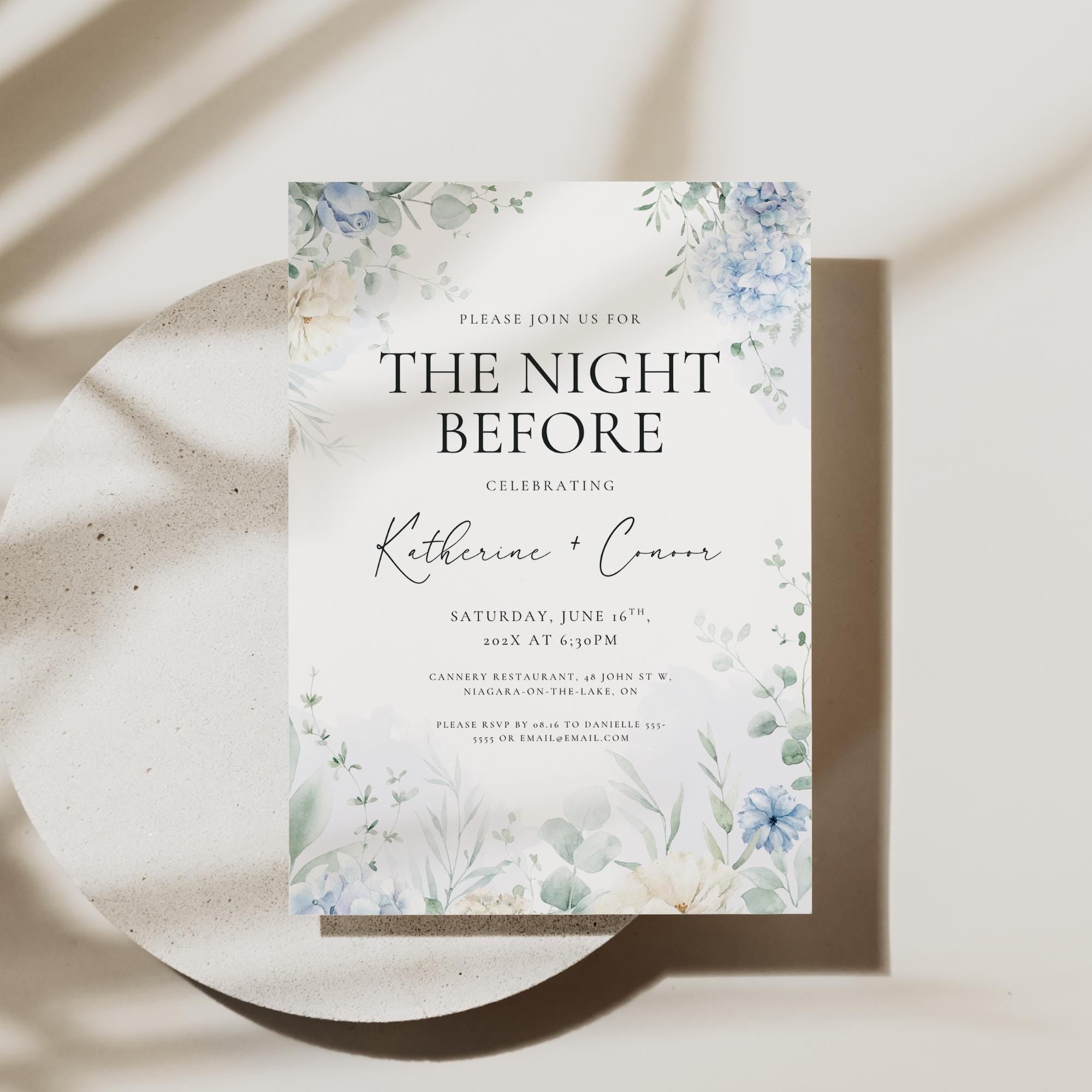 Dusty Blue Floral Rehearsal Dinner Invitation Template – Editable “The Night Before” Canva Design