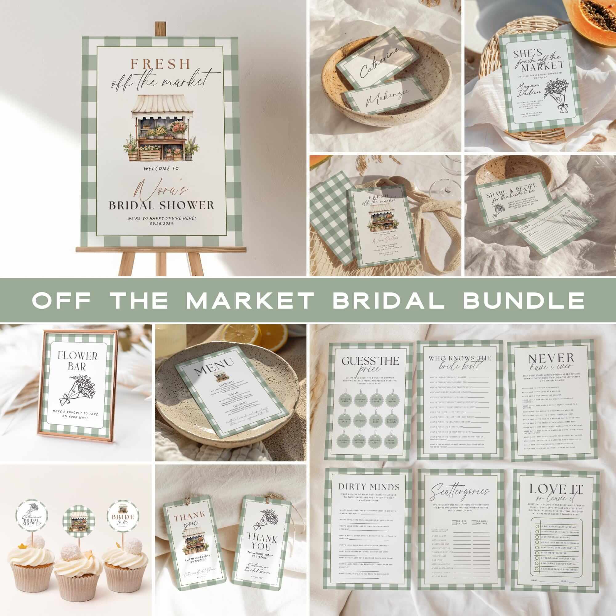 Fresh Off The Market Bridal Shower Template Bundle, Farmers Market Bridal Shower Games, Engagement Party Decor, Green Plaid Editable Canva Templates