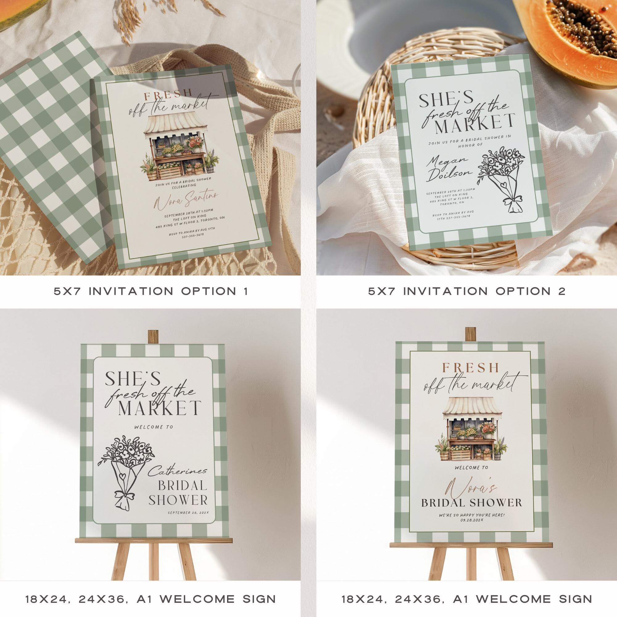 Fresh Off The Market Bridal Shower Template Bundle, Farmers Market Bridal Shower Games, Engagement Party Decor, Green Plaid Editable Canva Templates