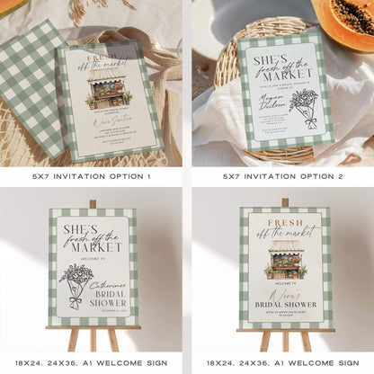 Fresh Off The Market Bridal Shower Template Bundle, Farmers Market Bridal Shower Games, Engagement Party Decor, Green Plaid Editable Canva Templates